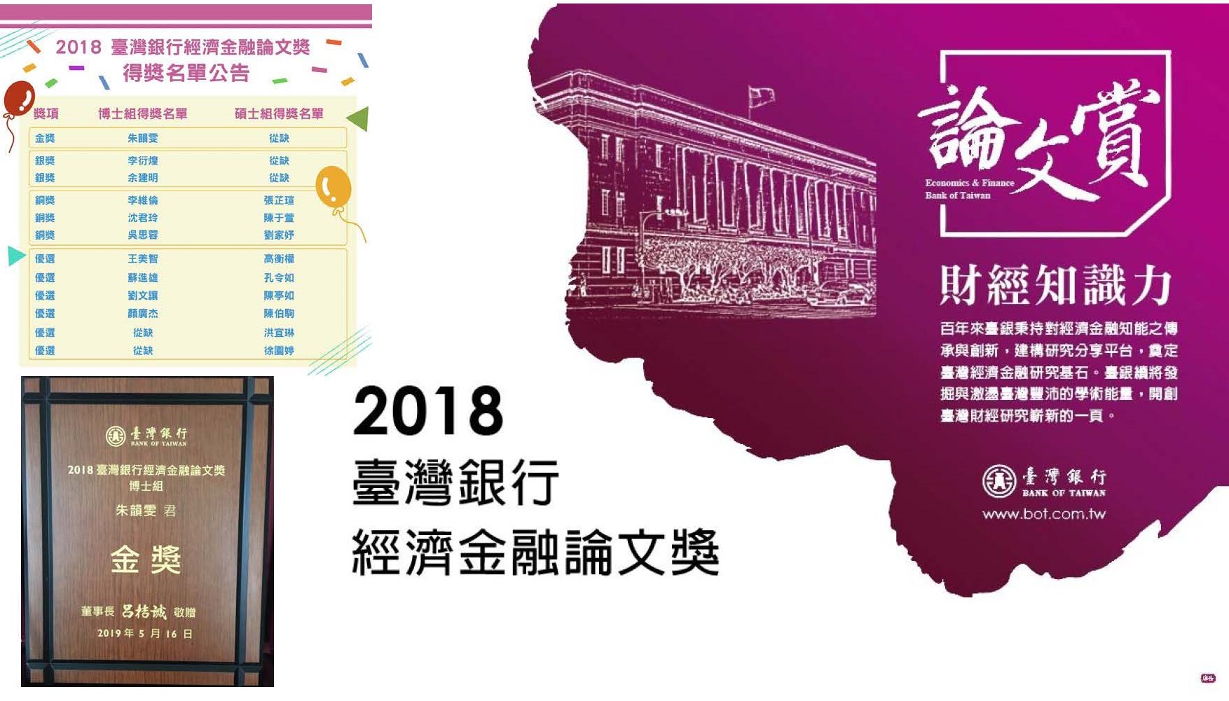 2018「 臺灣銀行經濟金融論文獎」博士組金獎